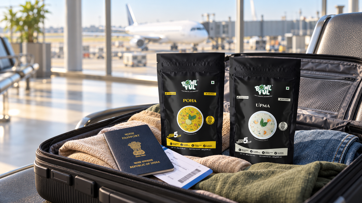 Packed suitcase at an airport with Bowlful Poha and Upma pouches on the benchPacked suitcase at an airport with Bowlful Poha and Upma pouches on the bench